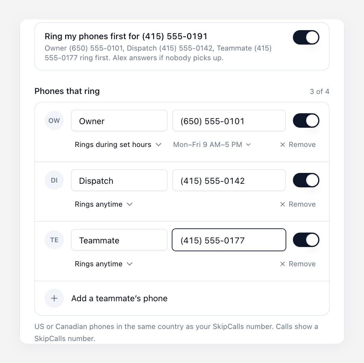 The Answer on your own phone screen on the web: the Ring my phones first switch is on, and three phones named Owner, Dispatch and Teammate each have their own switch and schedule
