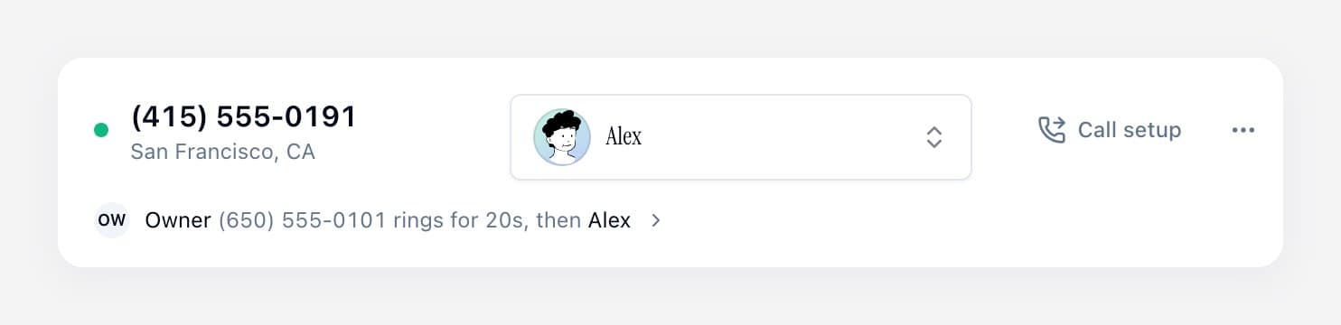 A phone number on the Phone Numbers page with a line underneath: Owner rings for 20s, then Alex