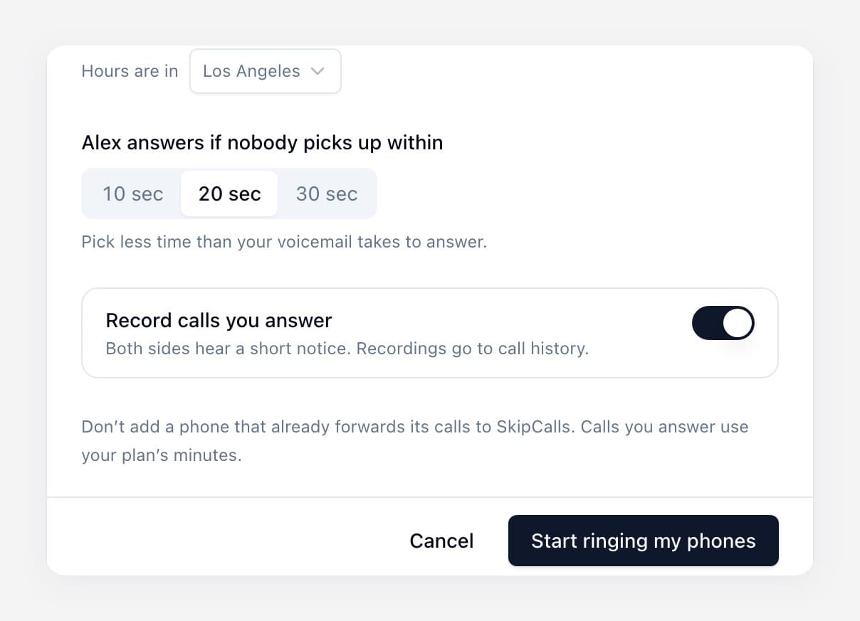 The bottom half of the setup screen: Hours are in Los Angeles, the receptionist answers if nobody picks up within 10, 20 or 30 seconds with 20 selected, and the Record calls you answer switch is on