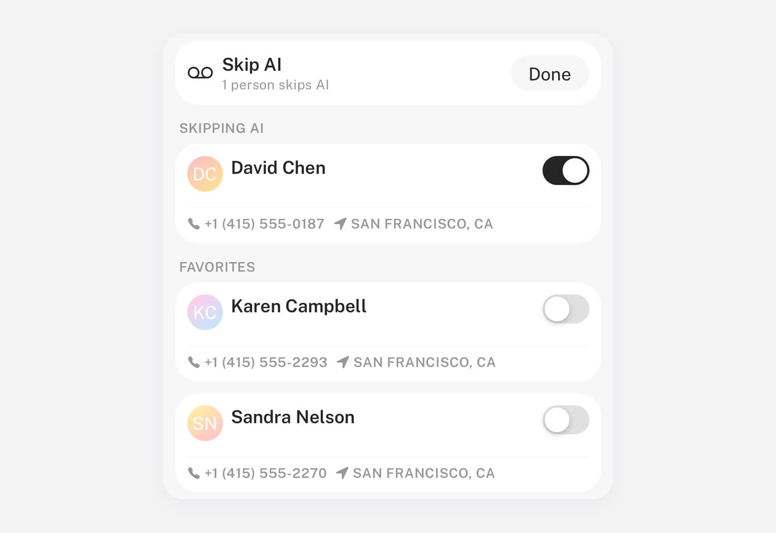Skip AI screen in the SkipCalls app: David Chen skips the AI with his switch on, other contacts have their switches off