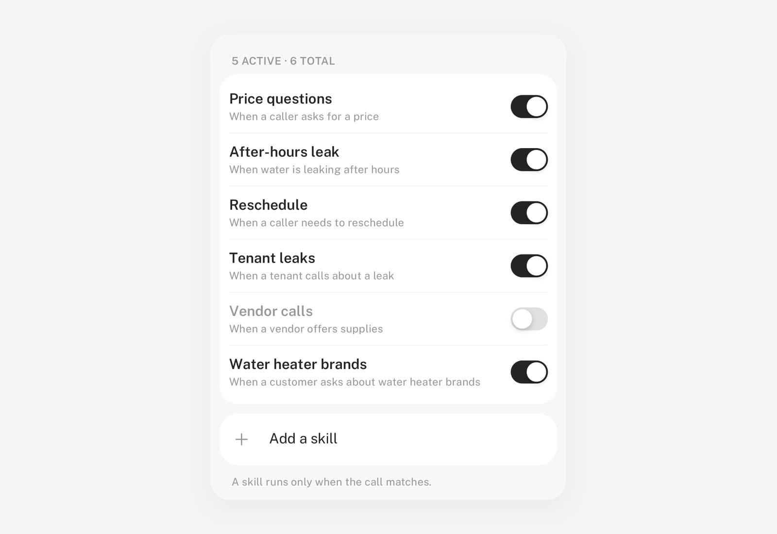 The Skills list in the SkipCalls app: price questions, after-hours leak, reschedule, tenant leaks, vendor calls, and water heater brands, each with its own on/off switch