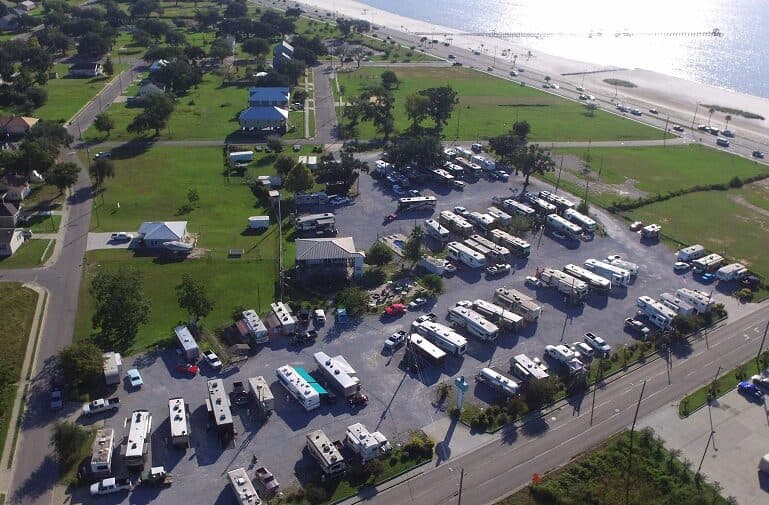 Aerial view of RV sites at Gulf Haven Campground on Broad Avenue