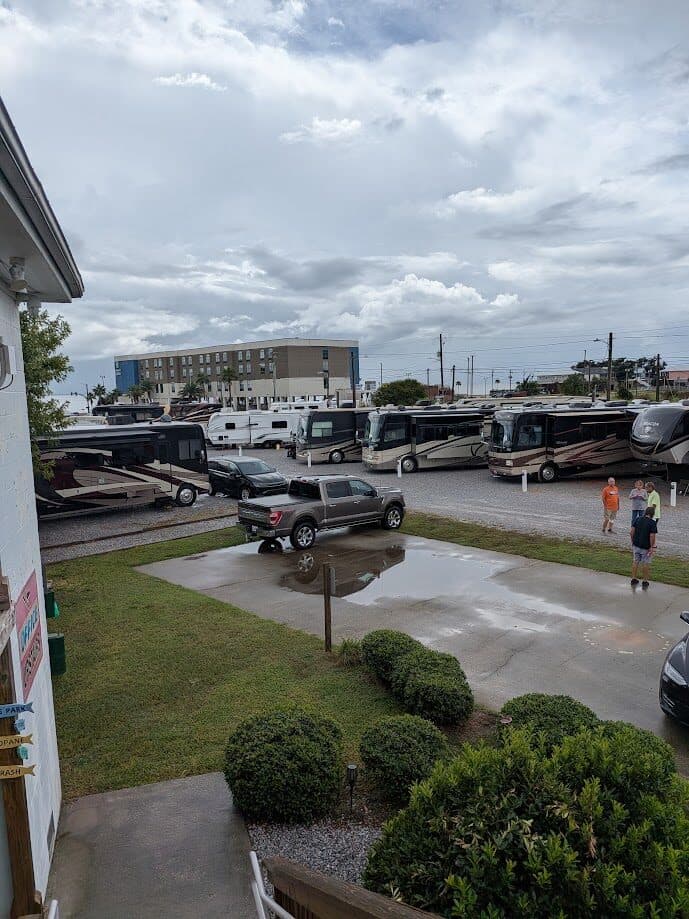 Motorhomes parked at Gulf Haven, seen from the office porch