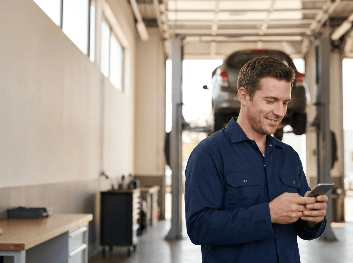Auto mechanic reviewing an approved estimate on his phone