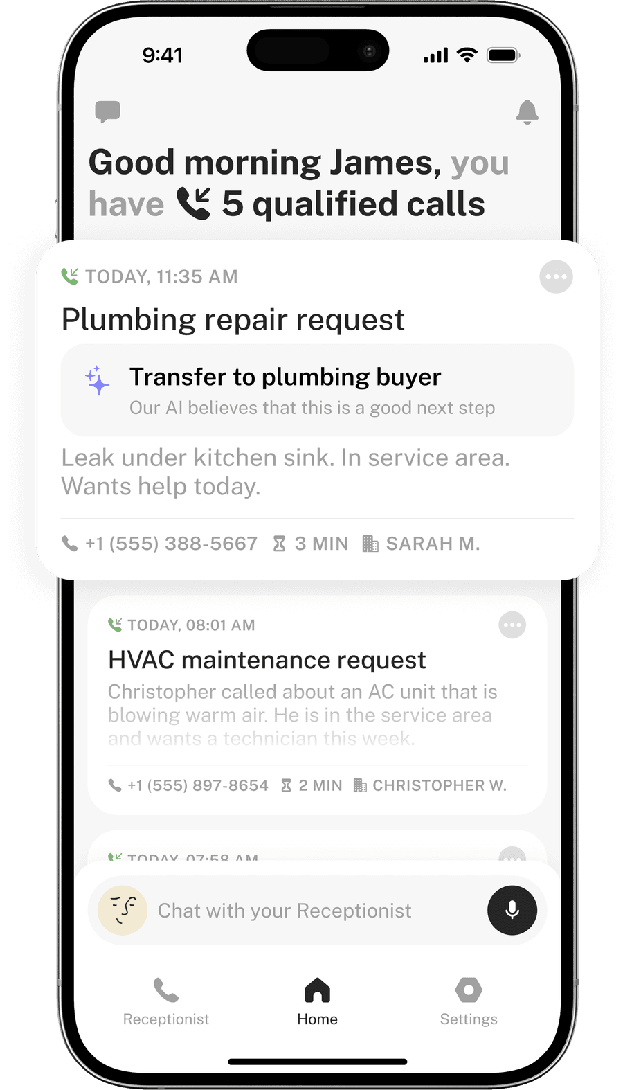 SkipCalls mobile app mockup showing qualified home-service calls