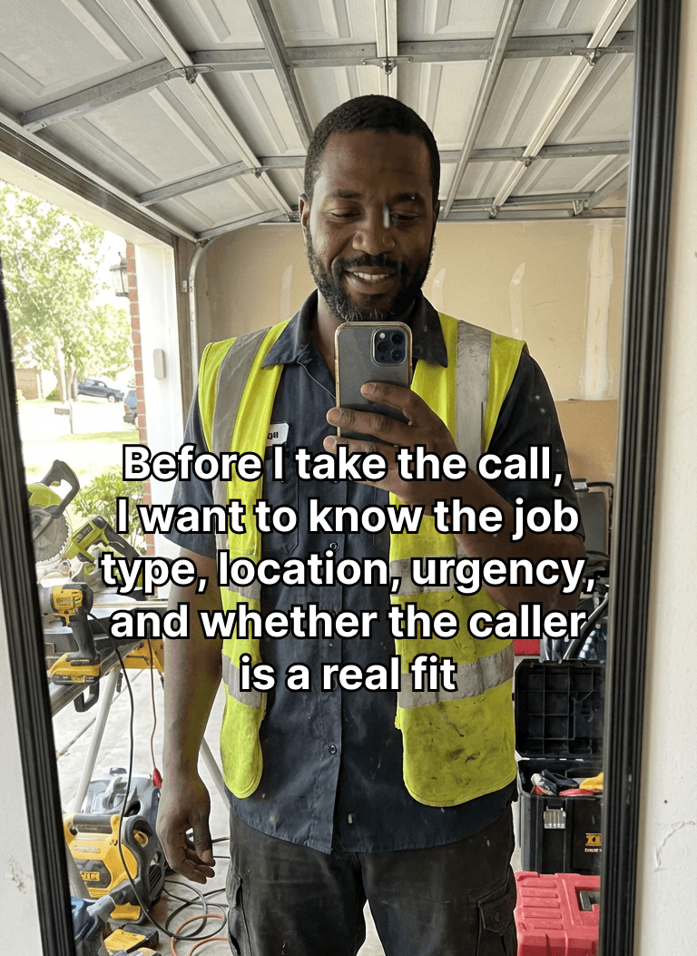 Contractor checking a phone before taking a qualified home-service call