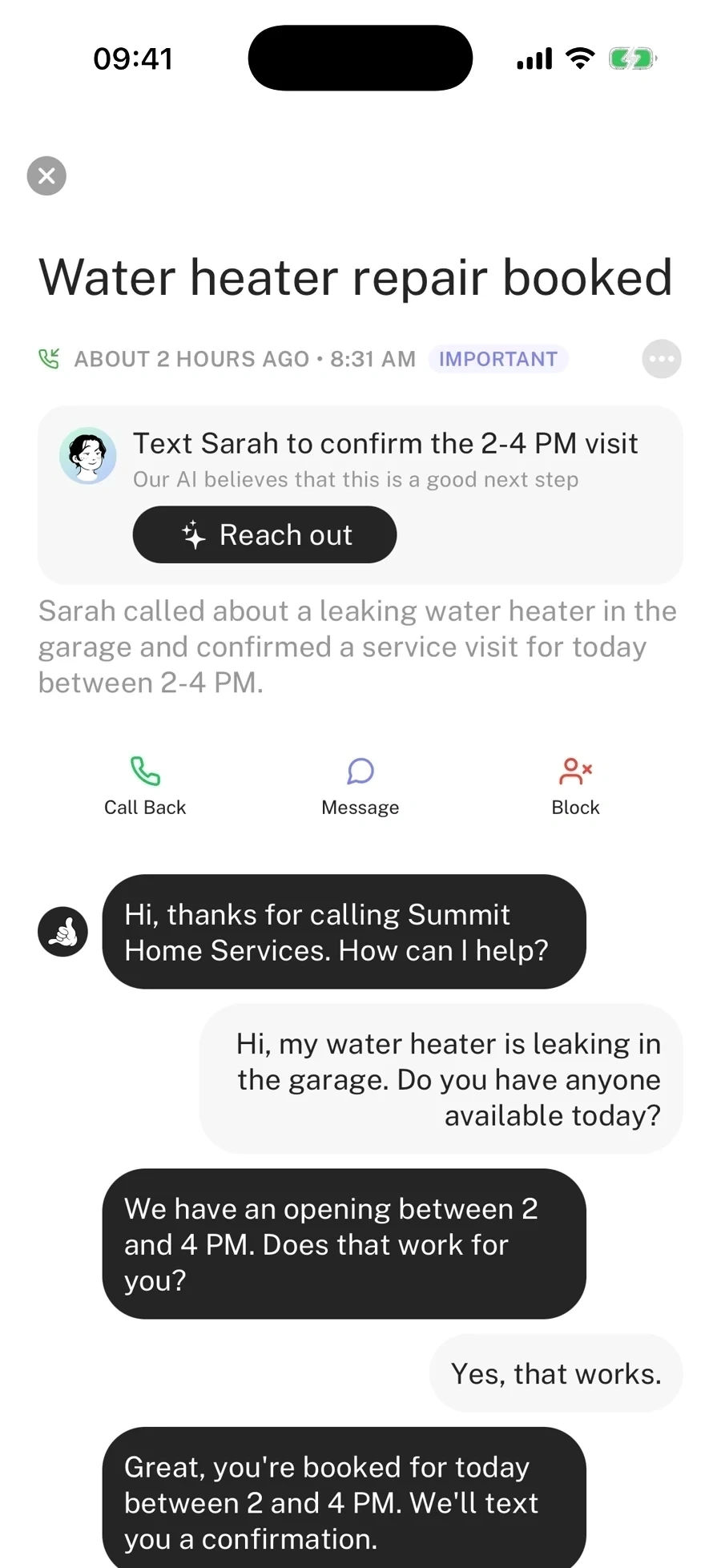 SkipCalls iPhone app: water heater repair booked, with summary and transcript