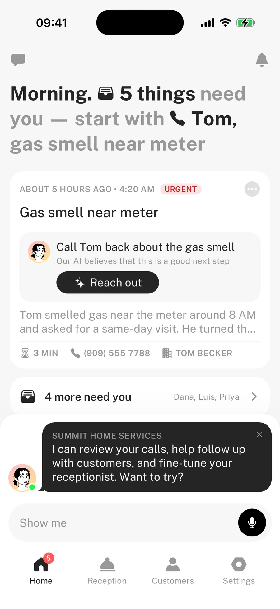 SkipCalls iPhone app home: five things need you, starting with an urgent gas smell callback