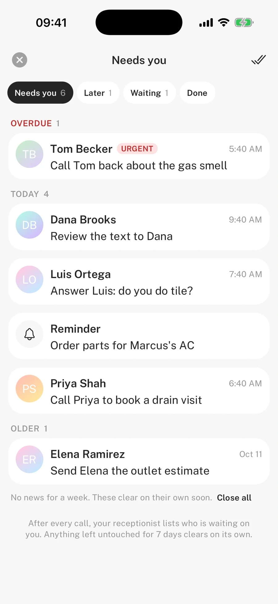 SkipCalls iPhone app: Needs you list, six callers waiting with drafted replies