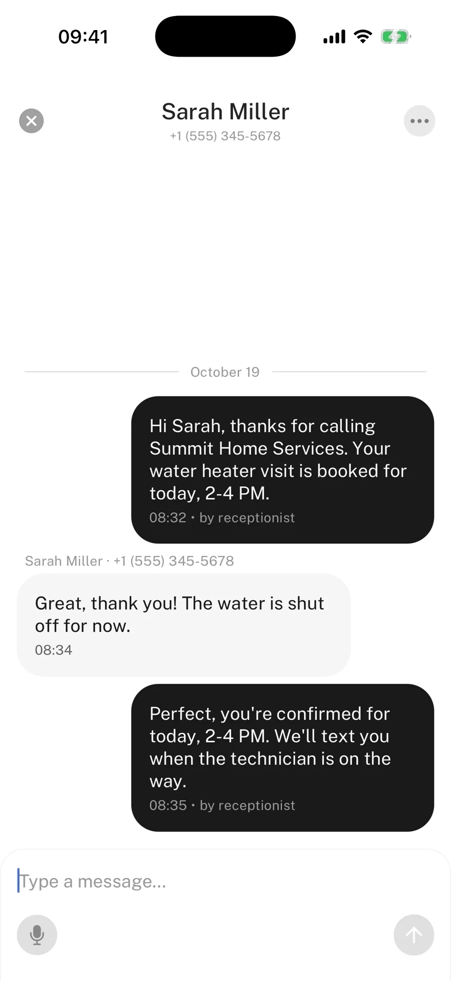 SkipCalls iPhone app: confirmation texts sent to the customer